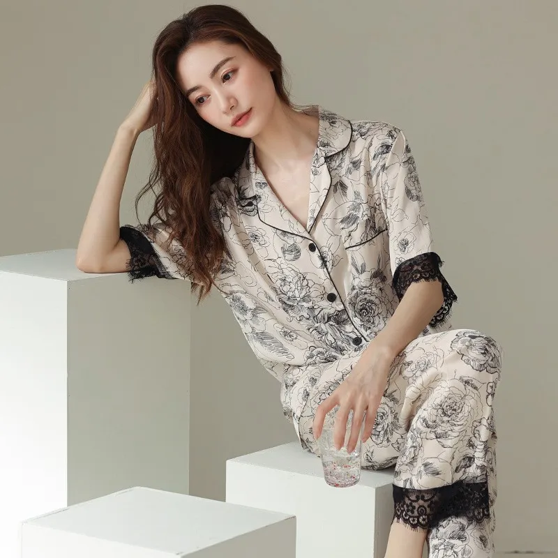New Pajamas Women's Summer Thin Short-sleeved Lace Suit V-neck High-end Home Service Breathable Comfortable and Soft Loungewear