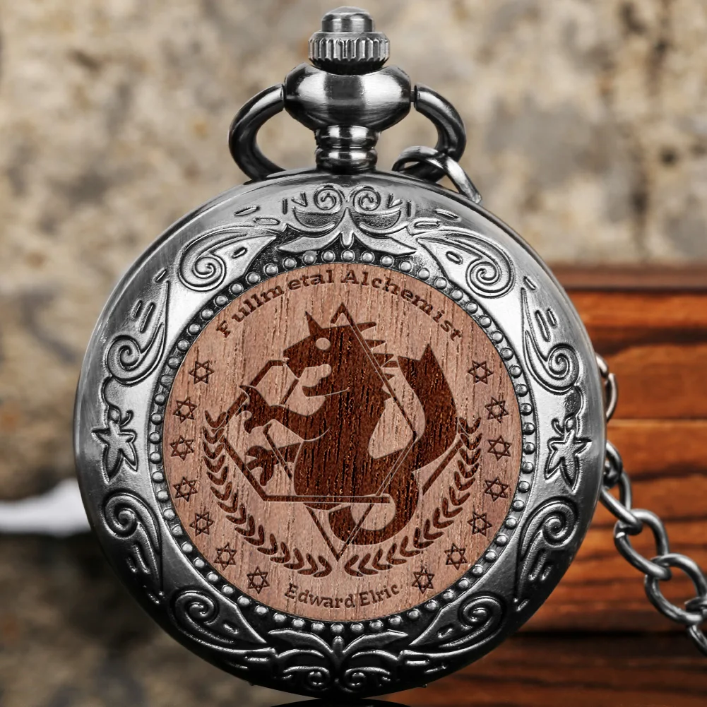 

Fullmetal Alchemist Engraved Wood Vintage Quartz Pocket Watch Comics Cosplay Gifts Necklace Pendant Clock Anime Boy