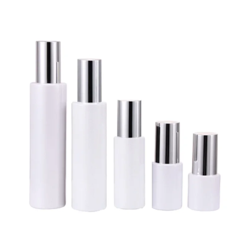 

Packing White Glass Bottle Shiny Silver Cover With Inner Plug 20ml 30ml 60ml 100ml 120ml Refillable Cosmetic Packaging 10Pieces