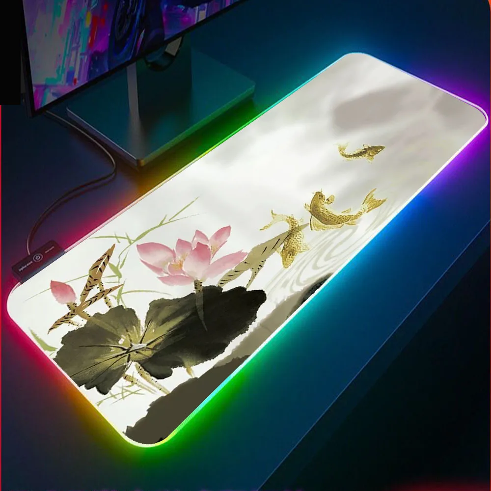 

Large Mouse Pad RGB Chinese Landscape Lotus and Koi Fish Non-Slip Rubber LED Backlight Laptop Office Keyboard Pad Mousepad XXL