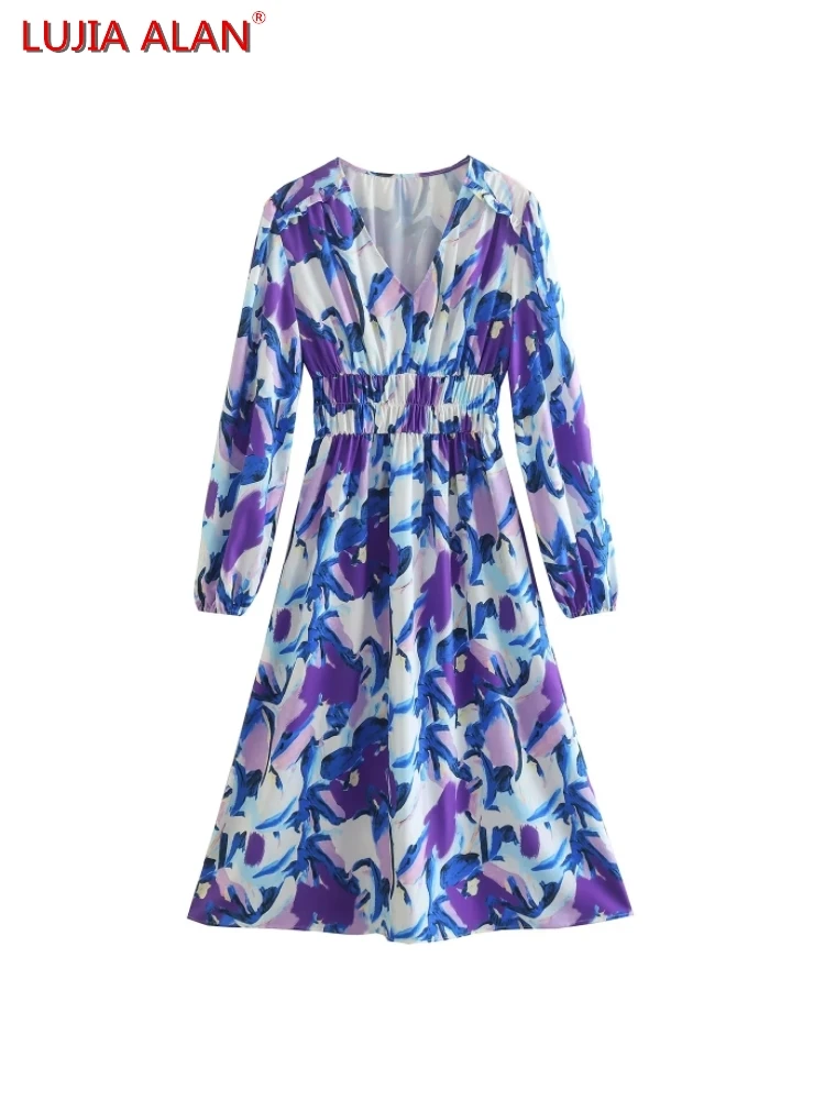 

New Women's Graffiti Printing V-Neck Elastic Waist Long Sleeve Casual Loose Dress LUJIA ALAN WD1060