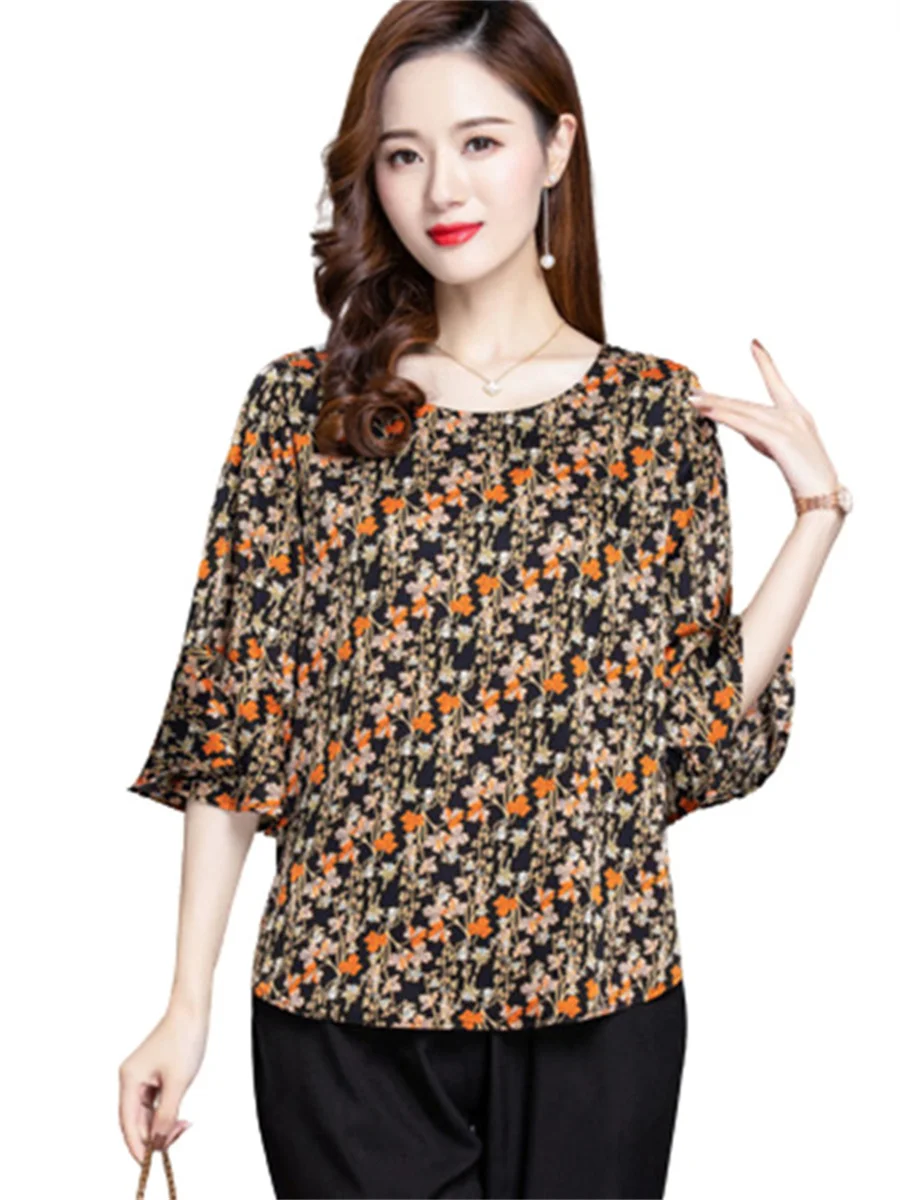 

5XL Large Size Women Spring Autumn Blouses Shirts Lady Fashion Casual Half Short O-Neck Printing Blusas Tops WY0521
