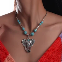 bohemian ethnic big statement elephant necklaces for women turquoise natural stone tibetan silver pendants necklaces bijoux