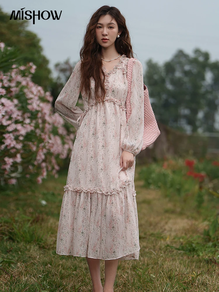 MISHOW French Floral Dress for Women 2023 Spring/Summer New Lantern Sleeves V-Neck  A-LINE Edible Tree Fungus Dresses MXC34L1307