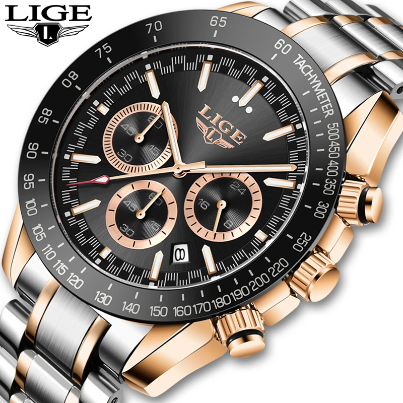 

Часы наручные LIGE Мужские кварцевые, брендовые Роскошные водонепроницаемые спортивные с хронографом из нержавеющей стали, с коробкой, 2022