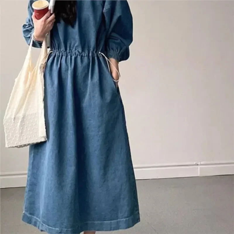 Женское джинсовое платье с карманами повседневное свободное винтажное круглым