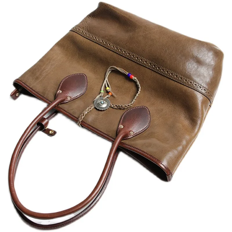 Vintage fashion luxury handmade designer top cowhide green Tote bag for men and women outside party real leather shoulder bag