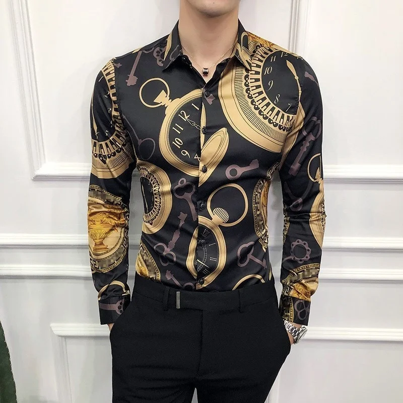 

Casual Shirt Men Long Sleeve Gold 2024 Korean Dress Slim Fit Luxury Tuxedo s Fashion Night Club Work Social 6XL