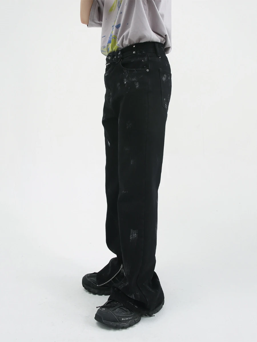 European and American Men Clothing Four Seasons Ink Splash Trousers Zipper Design Jeans Men Casual Straight Trousers Streetwear