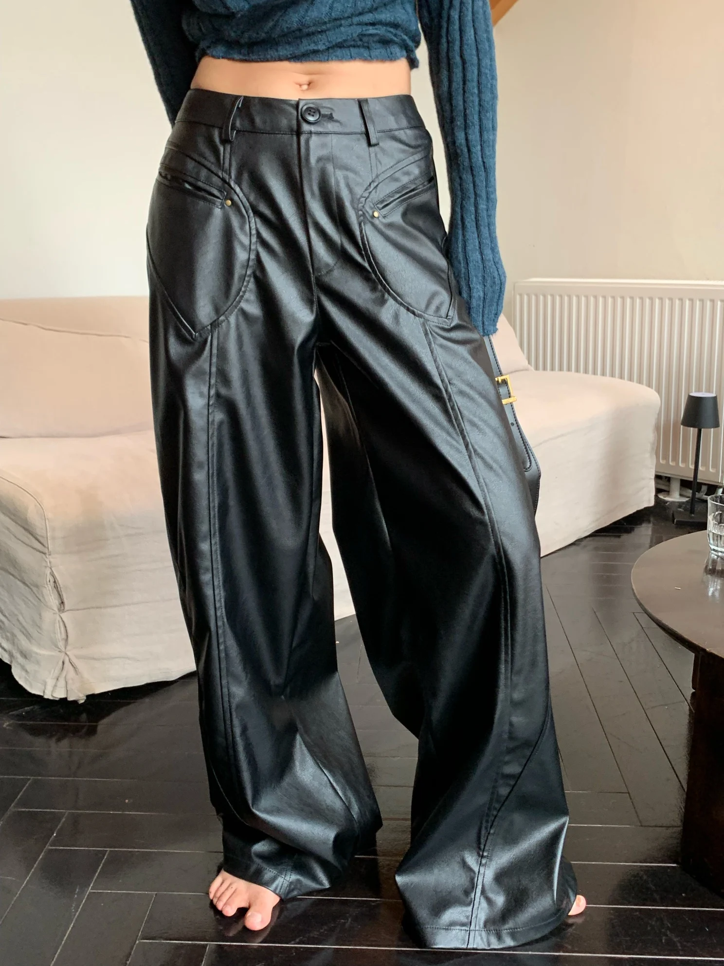 

27-46, новинка 2023, мужская и женская одежда в стиле Ямамото, Необычные линии, широкие кожаные брюки, искусственная кожа, костюмы