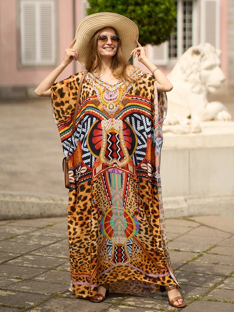 

Leopard Print Cover up Rayon Bohemian Dress Over Size Women Maxi Dress Beachwear Robe De Plage Sarong Tunic for Beach Pareos