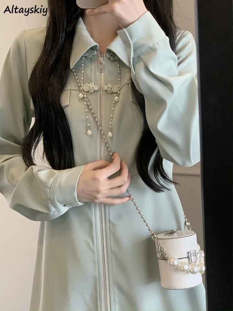 

Long Sleeve Mini Dress Women Chinese Style Basic Simple Vintage A-line Sweet Heart Girl Turn-down Collar Beading Designed Spring