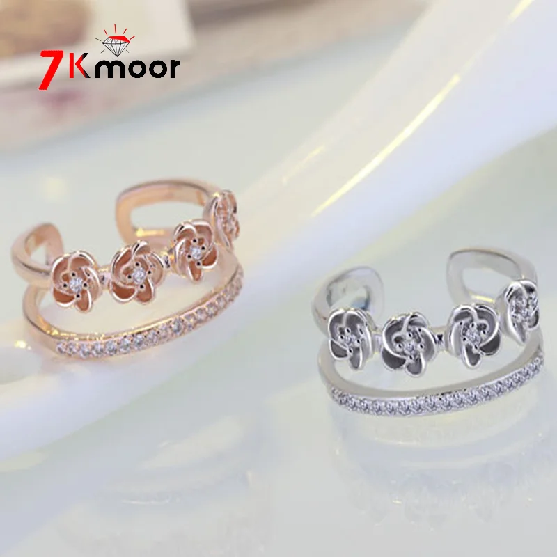 

Double Layer Shiny Cute Rose Flower Silver Color Female Resizable Opening Ring Valentine's Day Gift