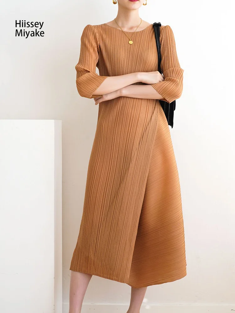

Модное дизайнерское весеннее платье HiIssey MiyakeFashion с асимметричной талией, скрывающее живот, женские плиссированные платья сплошного цвета с круглым вырезом и рукавами SevenPart