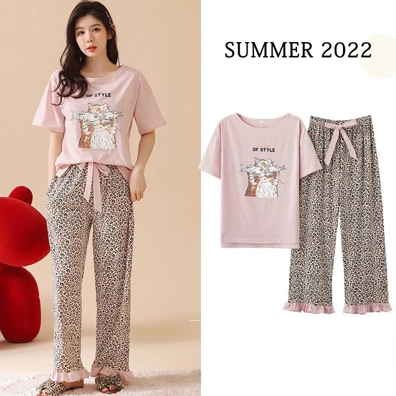 

Lisacmvpnel Cartoon Print Women Pajama Set Modal Ice Silk Short Sleeved Trousers Home Clothes Suit Can Be Worn Outside Pyjamas