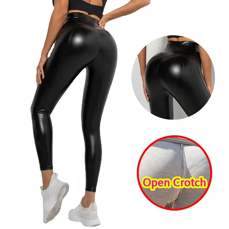 

Woman Leather Open Crotch Leggings Long Crotchless Hot Pants PU Sport Hidden Zipper Fitness Breathable Elastic Gym Tights