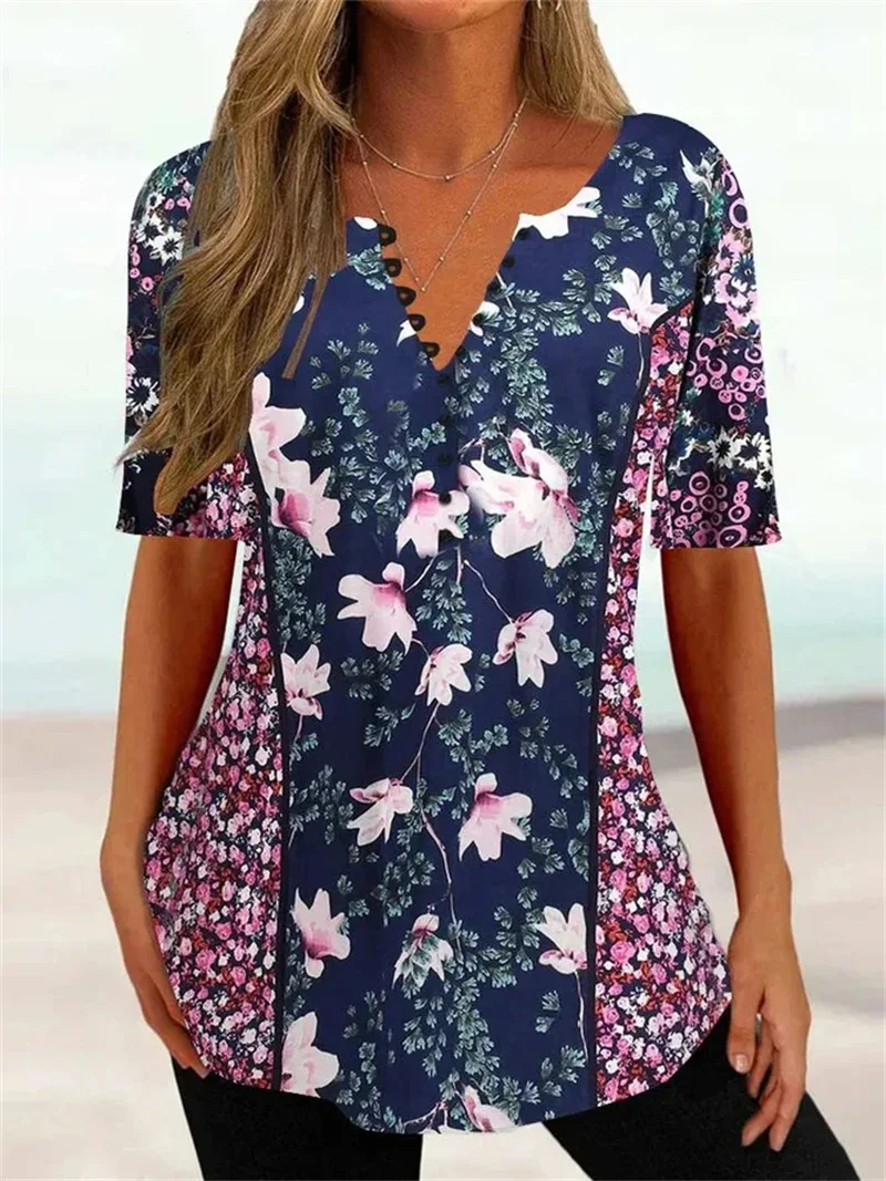 

Women's Summer V-neck Closure Short Sleeve Button Printed Women & Lady Fashion Casual Top Female Clothing