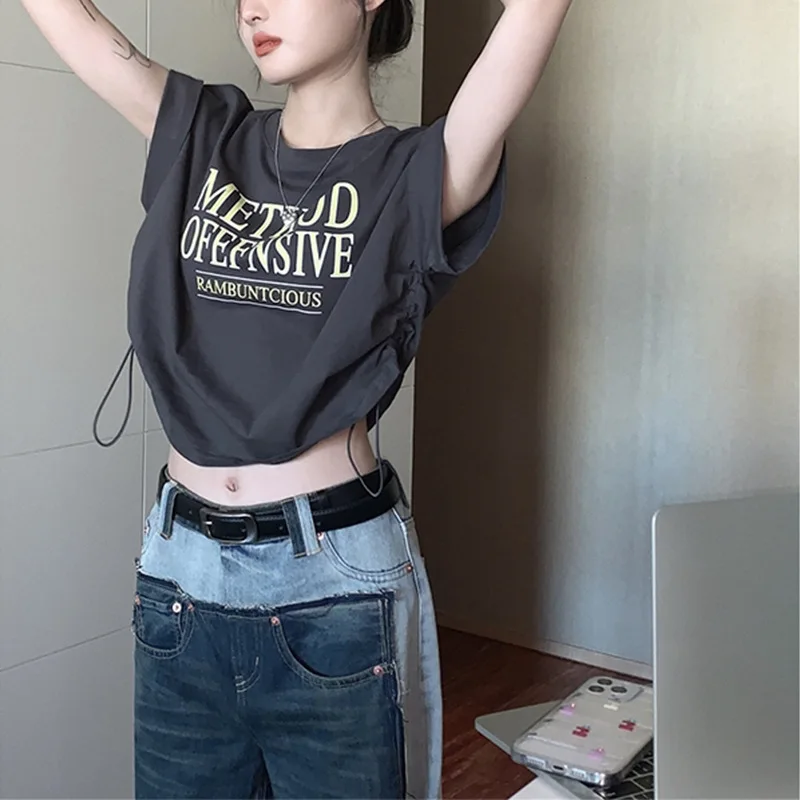 

Spicy Girls Loose T-shirt Summer New Casual Letter Printing Drawstring Round Neck Short Sleeve Top Women
