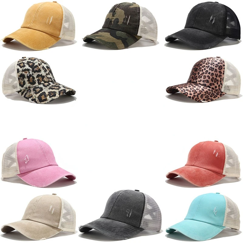 

2022 Ponytail Baseball Cap Leopard Grain Women Men Distressed Washed Cotton Trucker Caps Casual Summer Snapback Hat