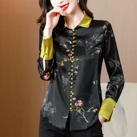 1720 chinese style satin woman shirt womens tops and blouses floral print button splicing long sleeve ladies top spring autunm