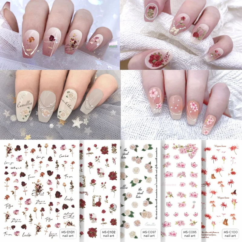 

Vintage Rose Nail Stickers Flowers Sakura Peach blossoms Back Glue Nail Stickers Nail Decals For Nail Decoration