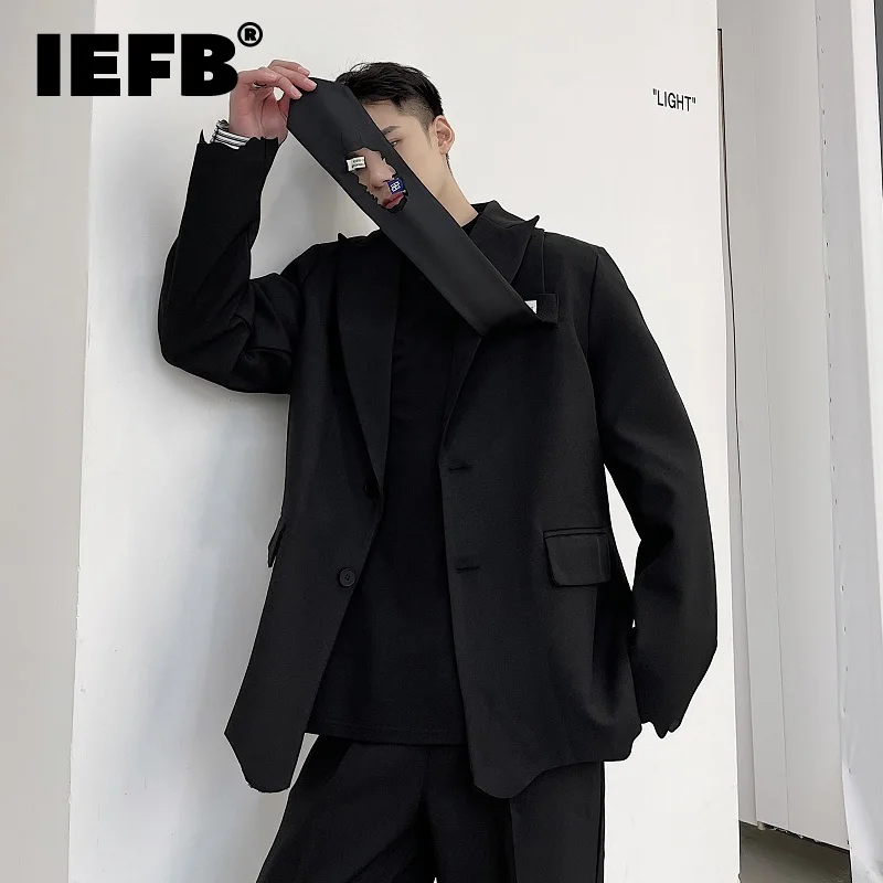 

Мужской однобортный Блейзер IEFB в стиле темного цвета, модный Свободный однобортный пиджак со скошенными завязками, весна 2023, 9Y5648