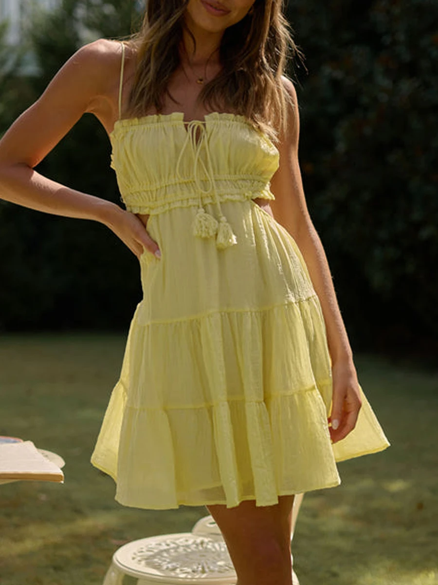 

Женское мини-платье на бретельках, летнее платье-трапеция с вырезом на спине и завязкой, пляжный сарафан для отпуска, Клубная уличная одежда Y2k