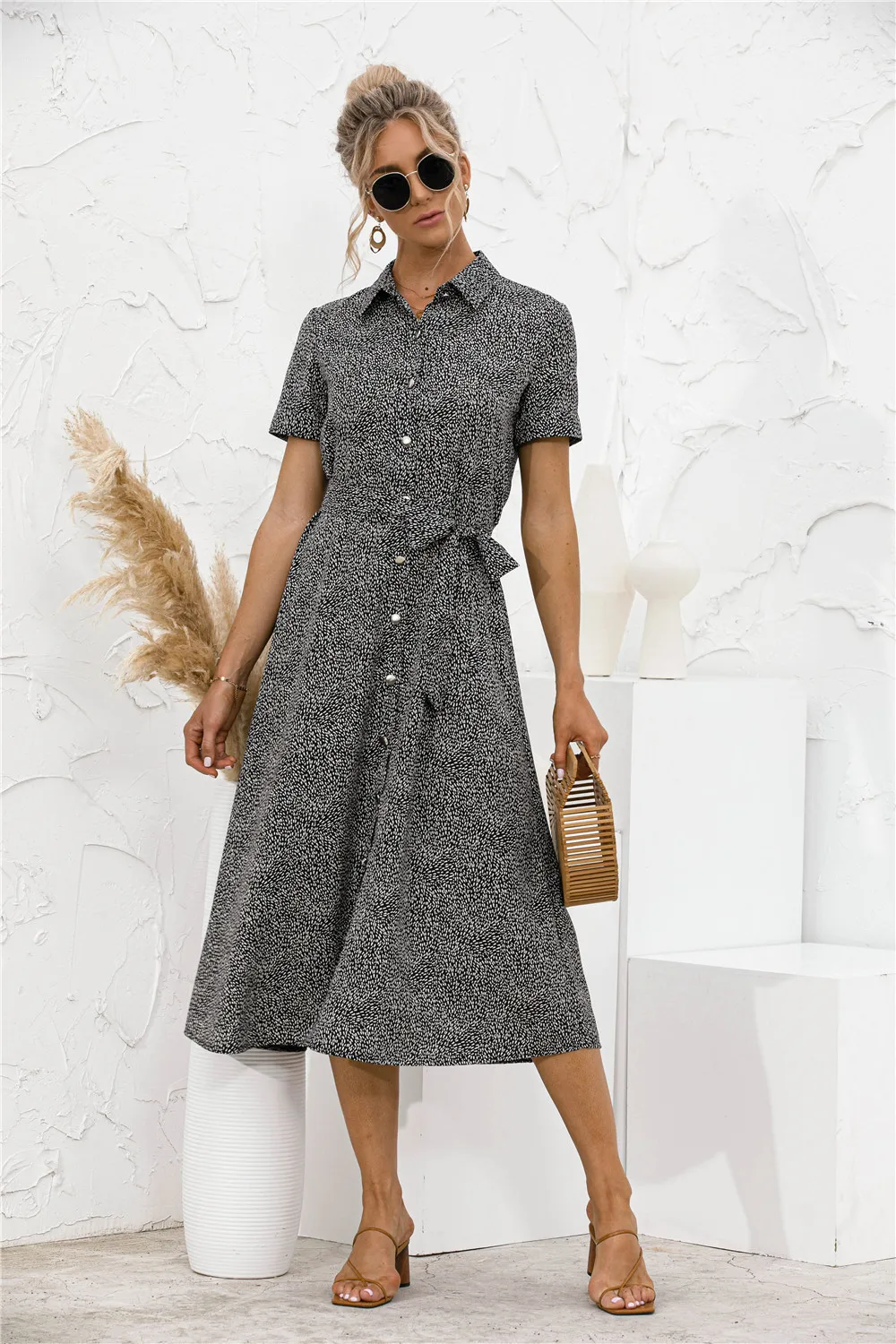 

2022 Europe and America Summer New Women's Temperament Polka Dot Lapel Short Sleeve Casual Shirt Dress