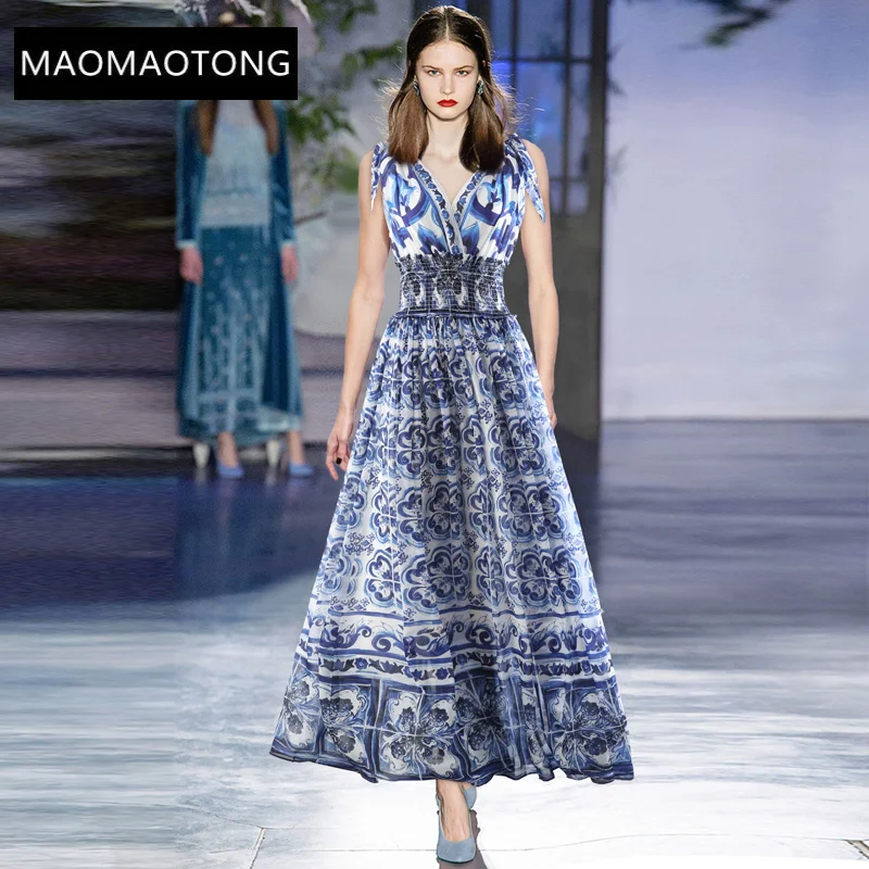 

Fashion Designer dress Summer Women's Dress V-neck Elastic waist Blue and White Porcelain Print Vacation Maxi Dresses