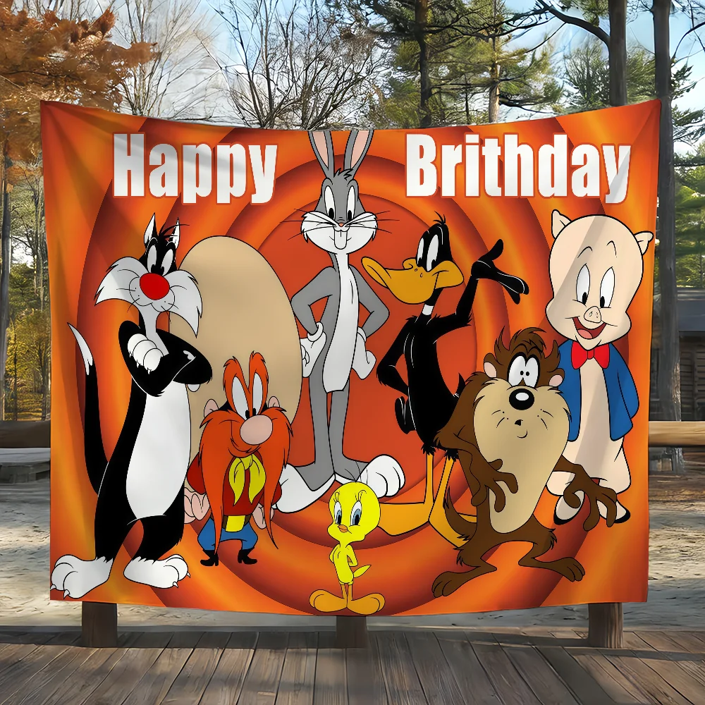 Фото Флаг с героями мультфильмов WB L-Looney T-Tunes на день рождения, индивидуальный дизайн, декор для кемпинга и сада, фон для вечеринки, настенное искусство, подарки для семьи №3