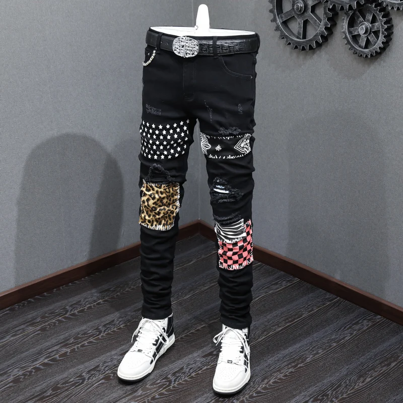 High Street Fashion Men Jeans Black Elastic Skinny Fit Ripped Jeans Men Stars Plaid Patch Designer Hip Hop Brand Pants Hombre