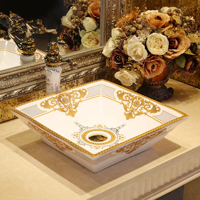 

China Artistic Handmade Ceramic wash basin gold pattern Counter top bathroom ceramic wash basin square white bathroom sinks