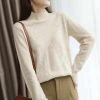 22 autumn and winter new 100 pure wool ladies half turtleneck diamond lattice fashion solid color knitted pullover sweater top