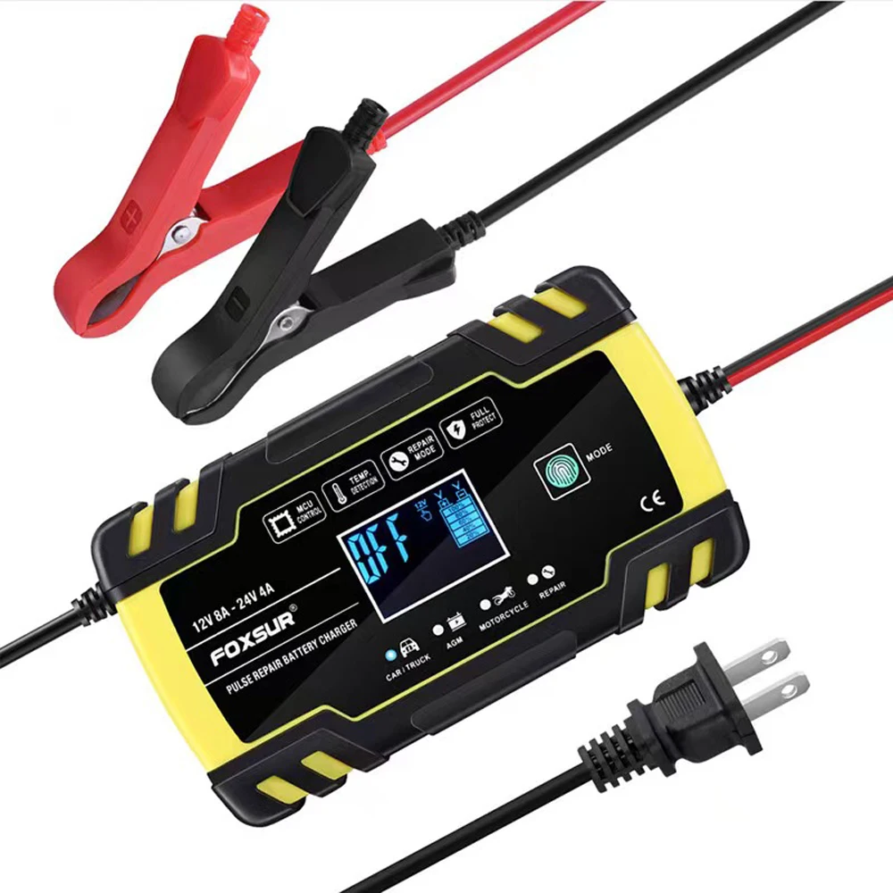 

12V 24V 8A Automatic Battery Charger 3-stage Pulse Repair LCD Display Smart Car Battery Charger GEL Lead-Acid WETF