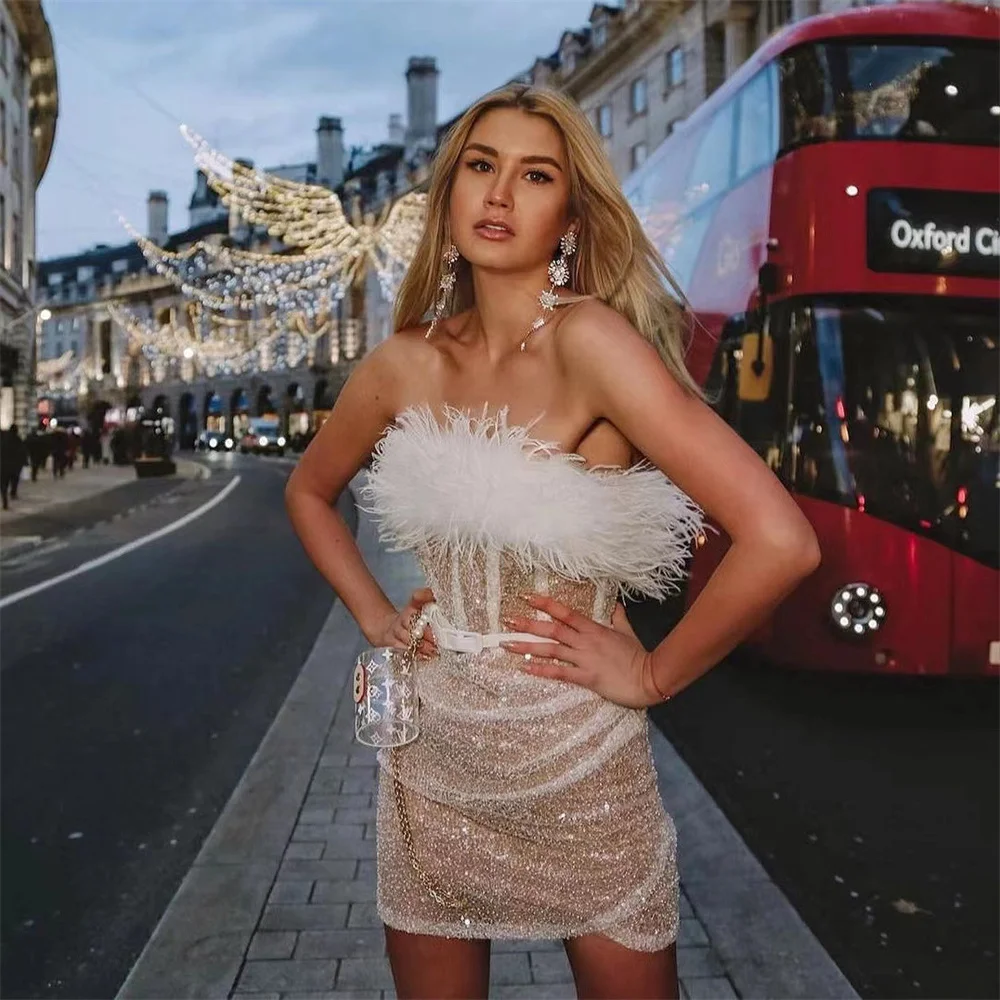 Chic Women Feather Sequins Midi Dress 2023 New Summer Sexy Strapless Slim Dress Elegant Female Prom Club Party Evening Vestidos
