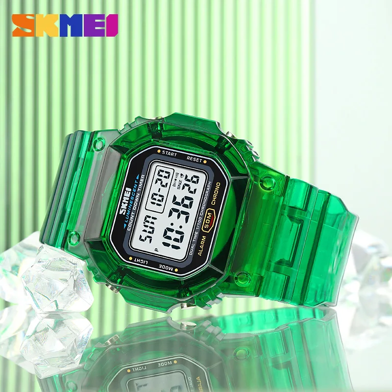 SKMEI New Multifunctional  2 Time Count Down Women Digital Watches Transparent PU Strap Lady Wristwatch Shockproof reloj mujer