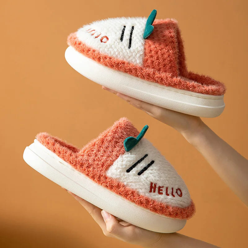 Cotton Slippers Women Winter Home Use Non-slip Thick Sole Plus Velvet Warm Cute Couple Confinement Shoes Christmas Present Gift