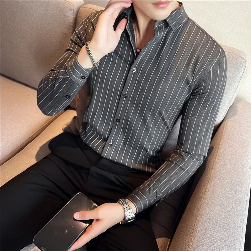 

2023 Men Stripe Shirt Brand Male High Quality Long Sleeve Shirts Casual Slim Fit Black Man Clothes Dress Shirts Plus Size S-4XL