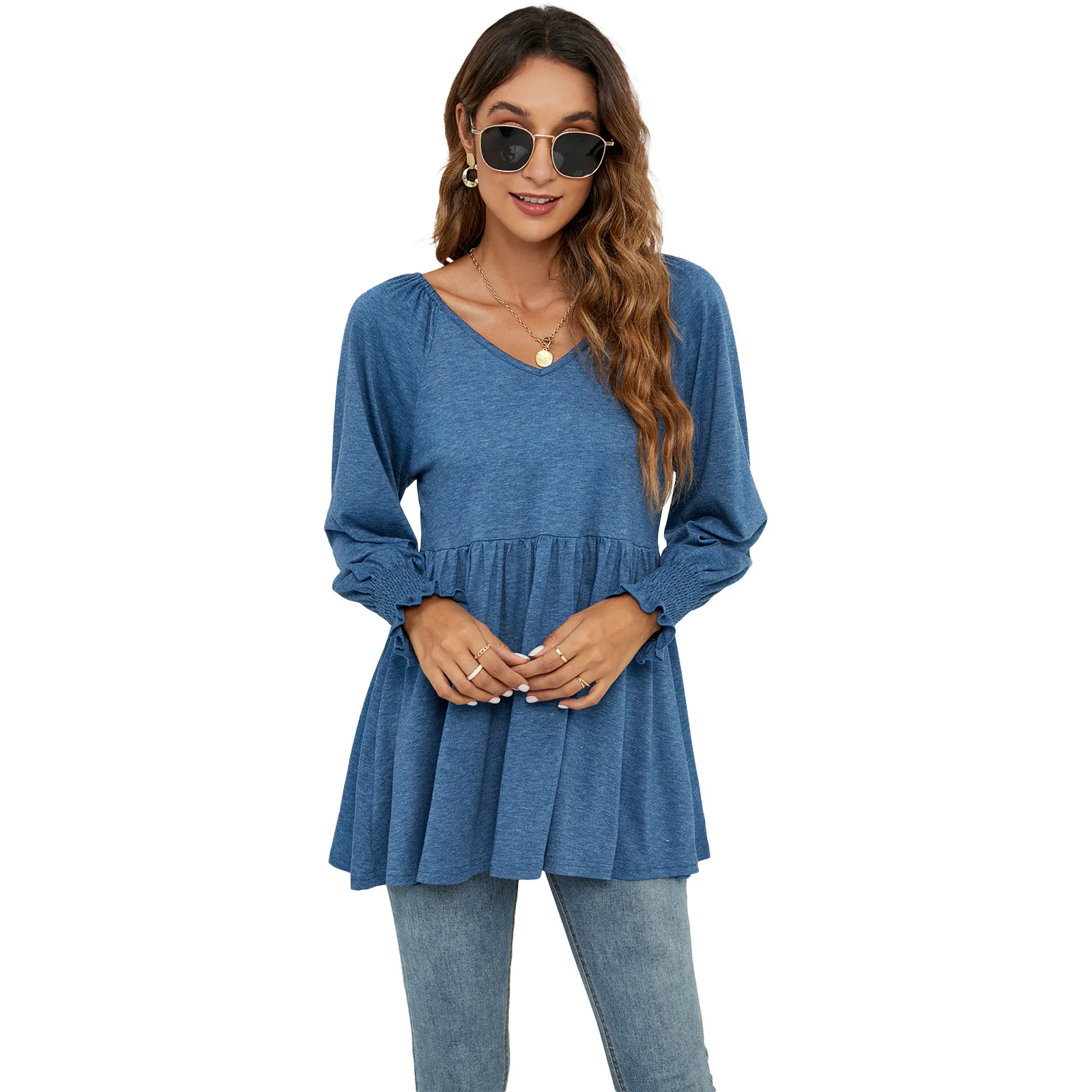 

2022 Autumn and Winter New Women's Clothing Solid Color V-neck Bubble Long-sleeved Waist All-match Top Casual T-shirt Women
