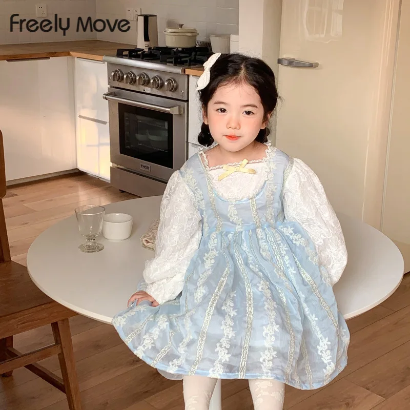 

Freely Move Kids Girl Lolita Style Dress Lace Puff Sleeve Bow Sweet Girl Princess Dress Spring Birthday Party Ball Gown Dress