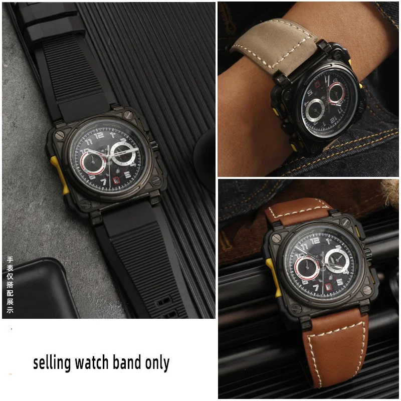 Genuine Leather Watchbands Men's wristband for Bell & Ross B&R BR-01 and BR-03 Sillicone rubber Strap Wrist Belt Bracelet + Tool