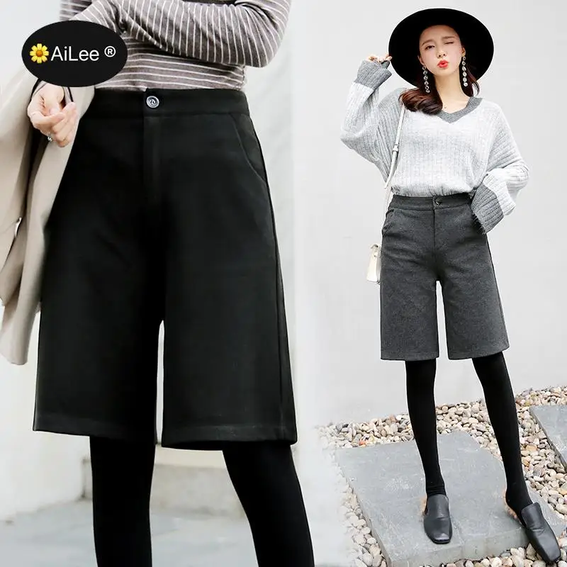 Knee Long Winter Wool Boots Shorts Women Wide Leg Shorts High Waist Pocket Warm Shorts Loose Autumn Wide Leg Casual Bottoms