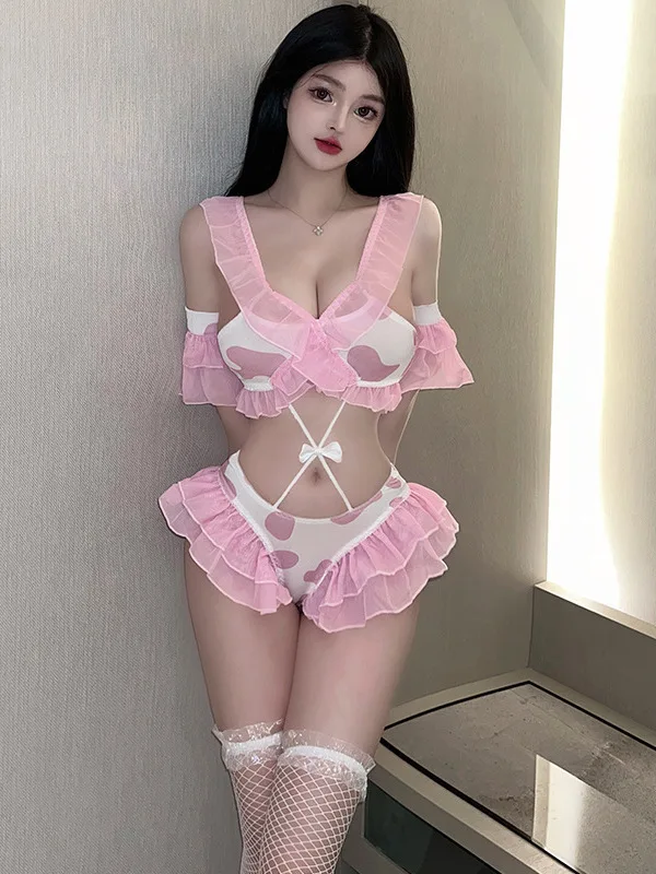 

Charm Lingerie Women's Mature Lovely Elegant Gentle Bold Sexy Passion Set Cow Hot Cute Uniform Temptation Robe Skirt Set 391I