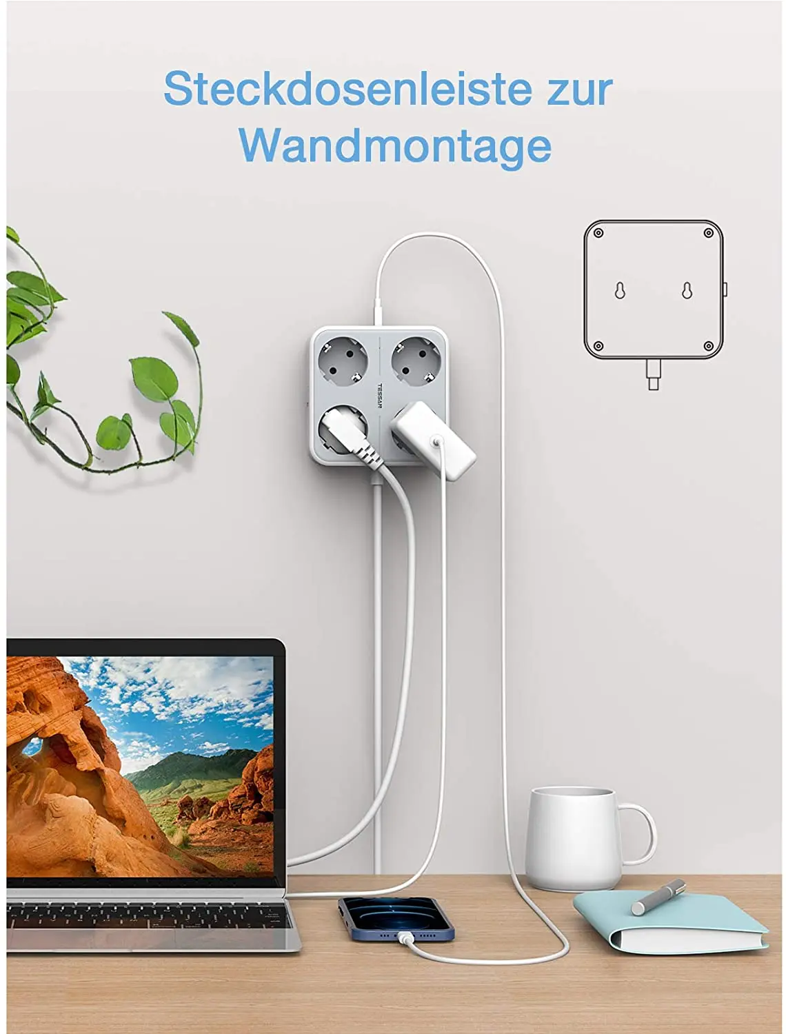 Сетевой удлинитель TESSAN с 4 розетками разветвитель 3 USB-портами 2 м защита от