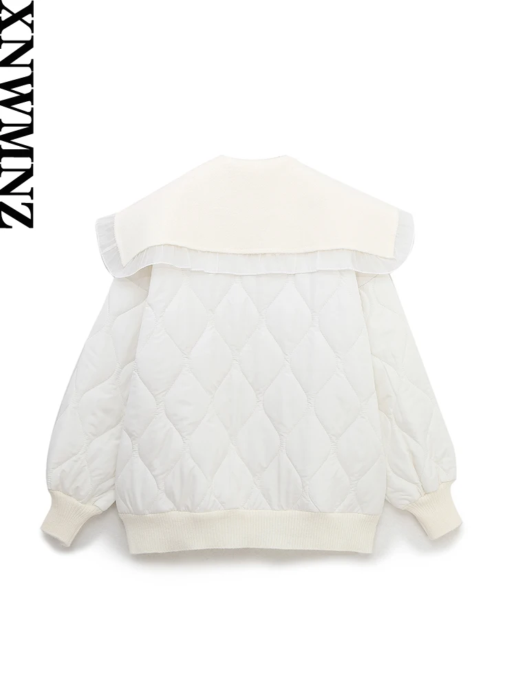 XNWMNZ Women Fashion Winter Warm Knitted Patch Padded Jacket Coat Woman Vintage Lapel Long Sleeve Pocket Female Chic Outerwear