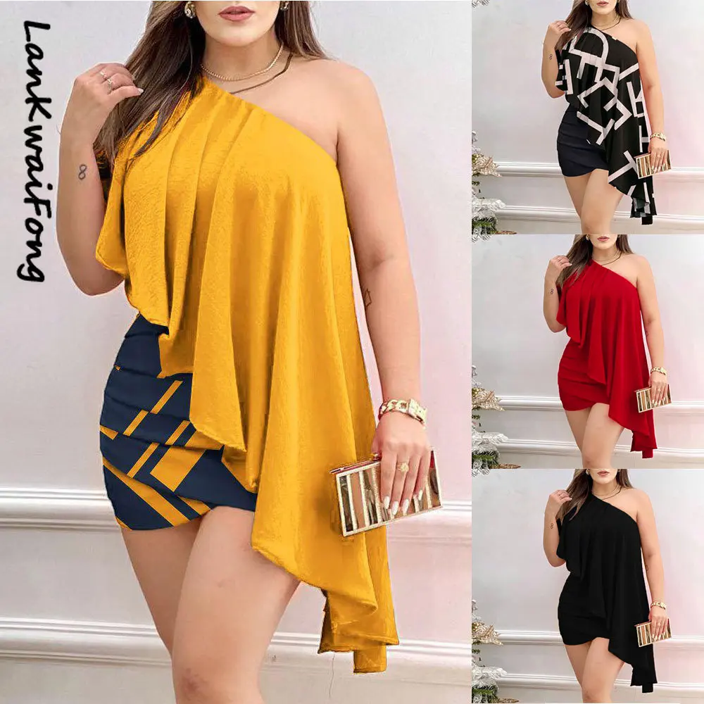 

2023 Spring New Dress Sexy Shoulder Ruffles Elegant Casual Package Hip Mini Skirt Fashion Black Irregular Dress