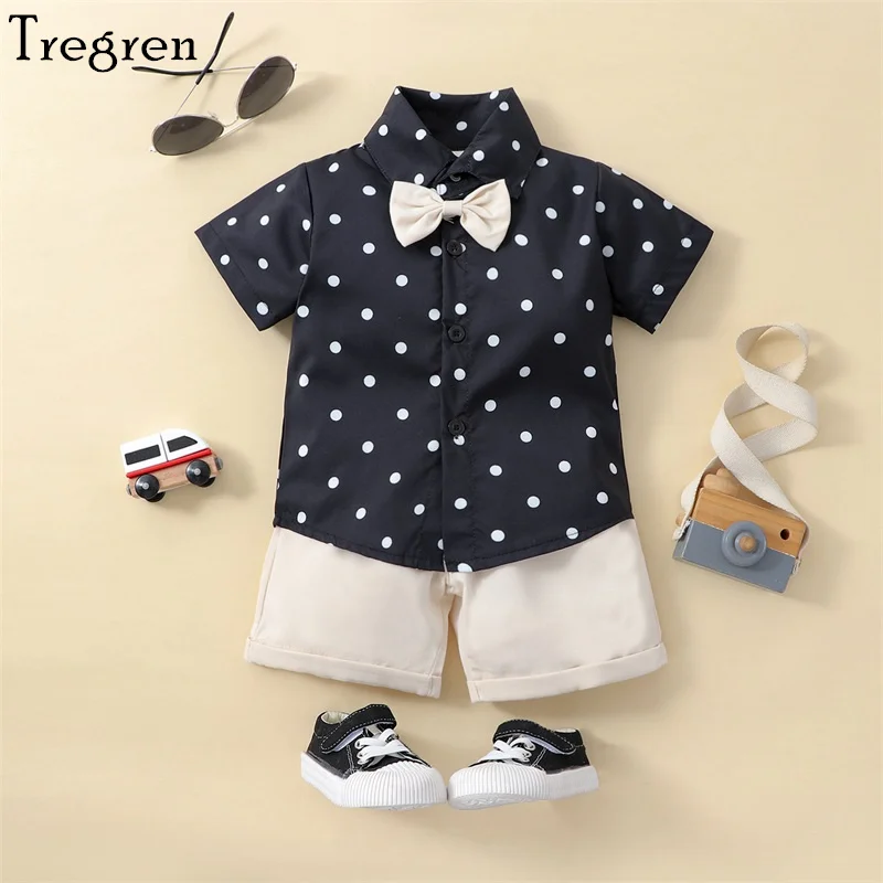 

Tregren Children Kids Boys Gentleman Outfits Summer Dot Print Short Sleeve Button Up Shirt with Bow Tie and Shorts Casual Set