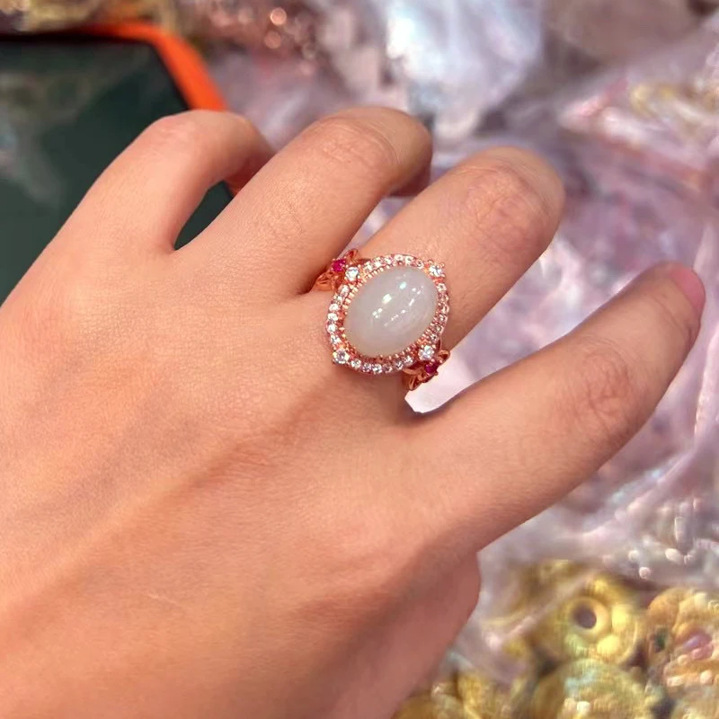 

Кольцо с огранкой из натурального белого нефрита, регулируемое с покрытием из латуни и розового золота, модные женские украшения