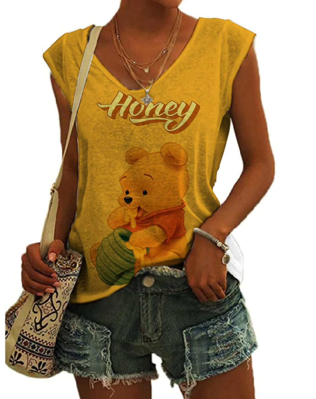 

Summer New Winnie the Pooh Anime 3D Printing Disney Brand Cartoon Pattern 2023 Ladies Street V-neck Sleeveless Vest Y2K