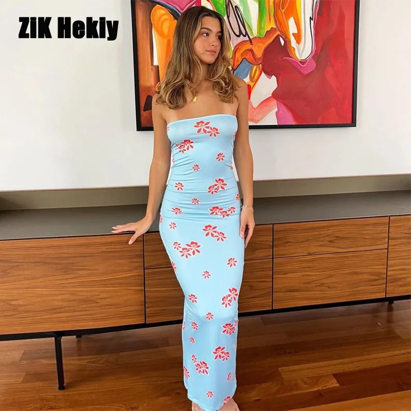 

Zik Hekiy Women Europe And The United States Sexy Hot Bustier Dress New Print Slim Package Hip Open Seaside Holiday Dress